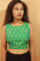 Reversible Blouse in Lime Floral Sanganeri & Teal Ikkat