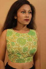 Reversible Blouse in Lime Floral Sanganeri & Teal Ikkat