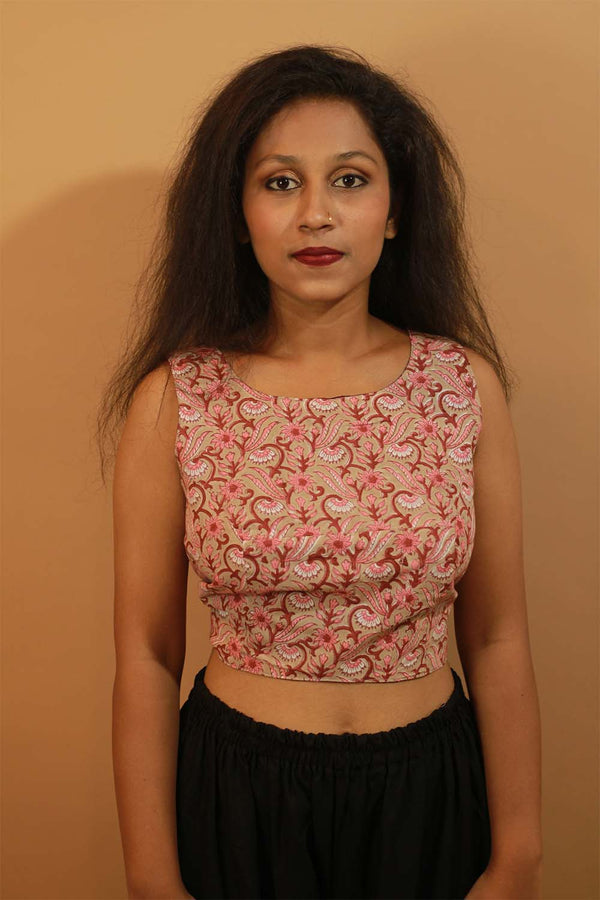 Reversible Blouse in Rose Sanganeri & Purple Ikkat