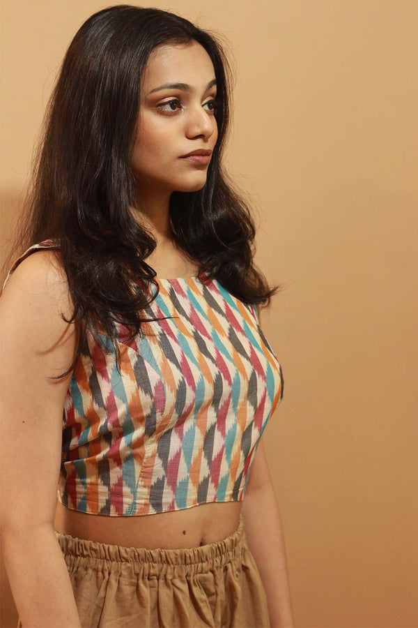 Reversible Blouse in Multi Colored Ikkat & Gray Bagru