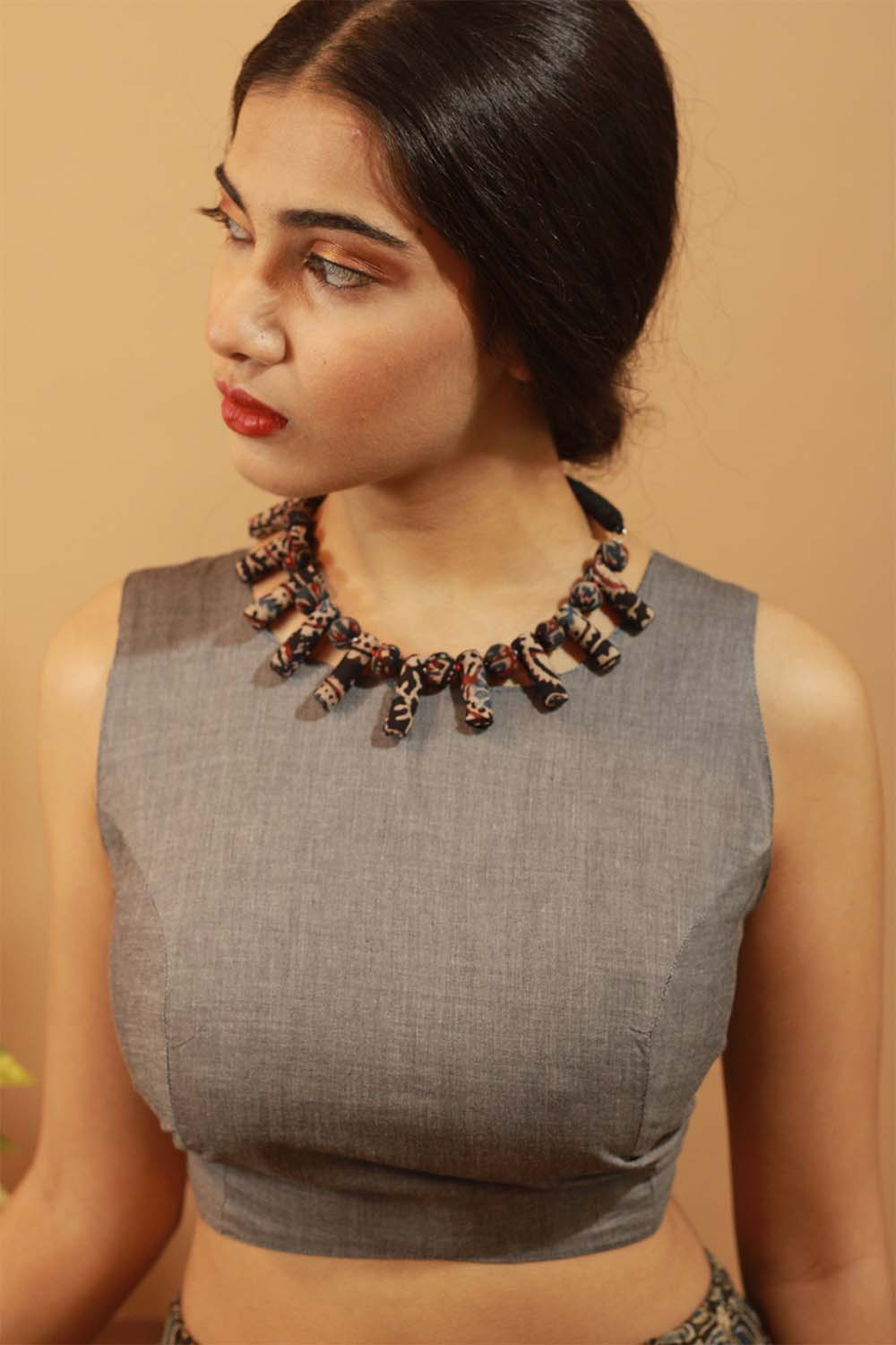 Mastaani | Reversible Blouse | Geometric Ajrakh & Solid Gray