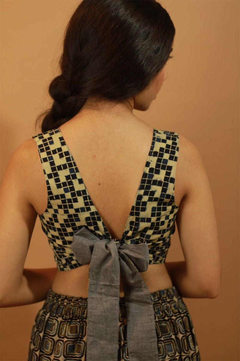 Reversible Blouse in Geometric Ajrakh & Solid Gray