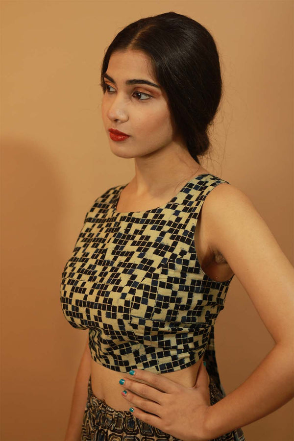 Reversible Blouse in Geometric Ajrakh & Solid Gray