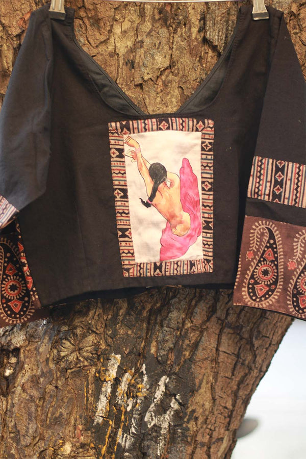 Handpainted Blouse with Ajrakh - Strength of a Woman