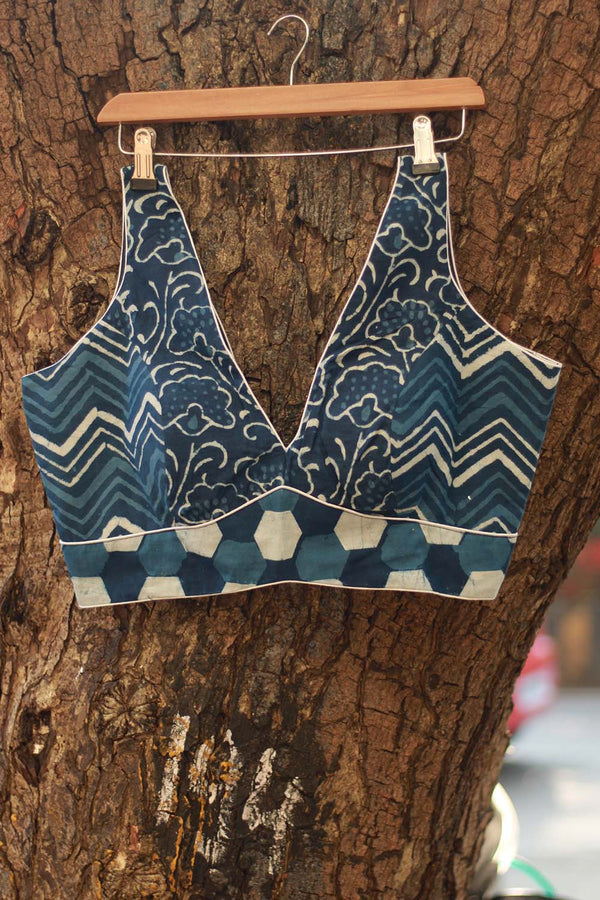 Indigo Sleeveless Blouse with Piping
