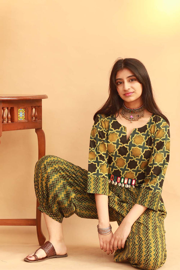 Cotton Co-Ord Set in Green Shatkon Ajrakh