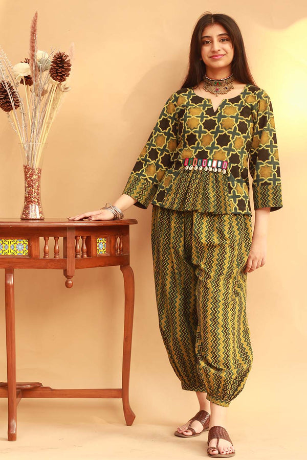 Cotton Co-Ord Set in Green Shatkon Ajrakh