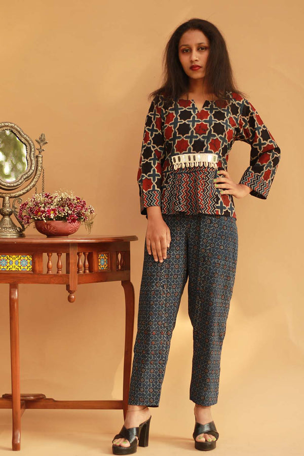 Cotton Co-Ord Set in  Indigo Ajrakh Trellis