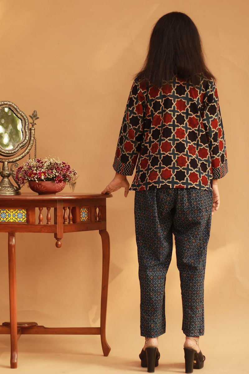 Cotton Co-Ord Set in  Indigo Ajrakh Trellis