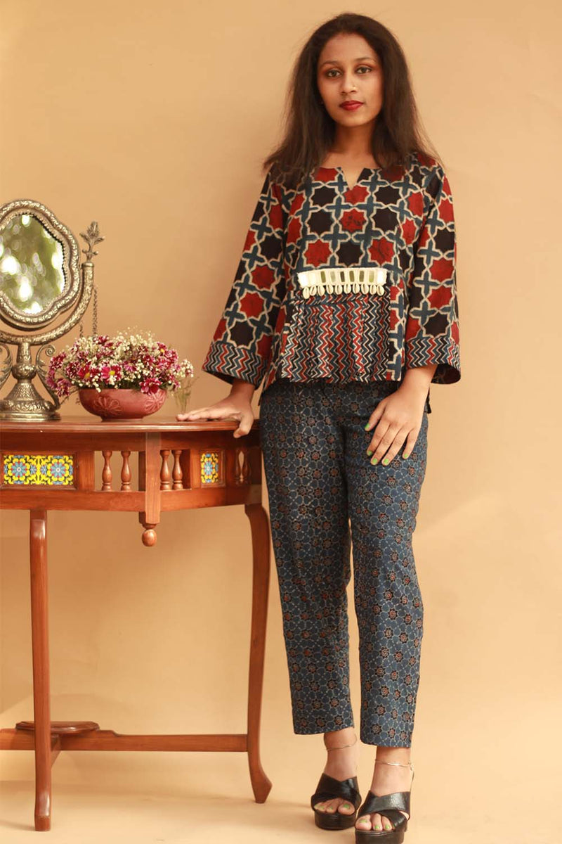 Cotton Co-Ord Set in  Indigo Ajrakh Trellis