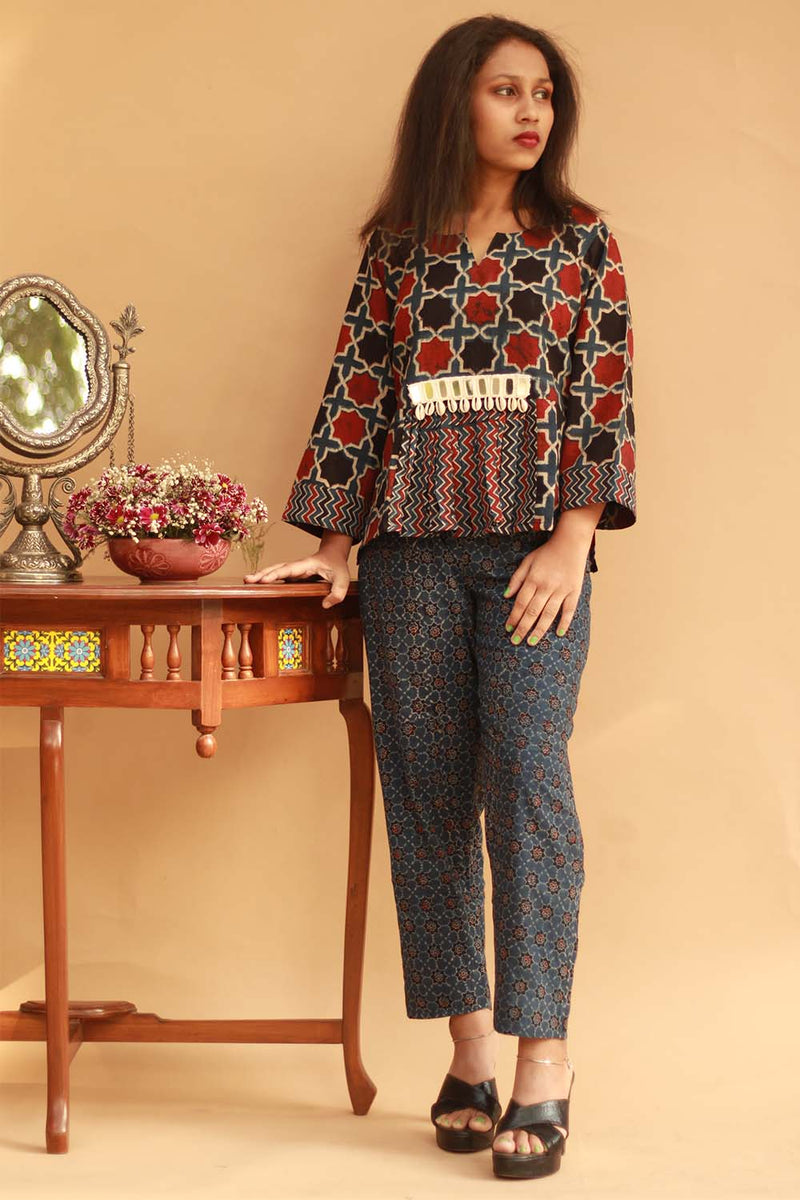 Cotton Co-Ord Set in  Indigo Ajrakh Trellis