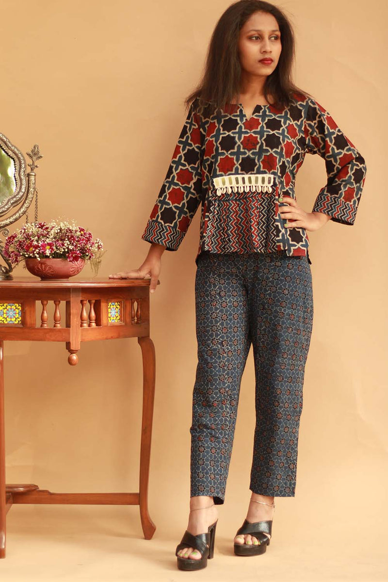 Cotton Co-Ord Set in  Indigo Ajrakh Trellis
