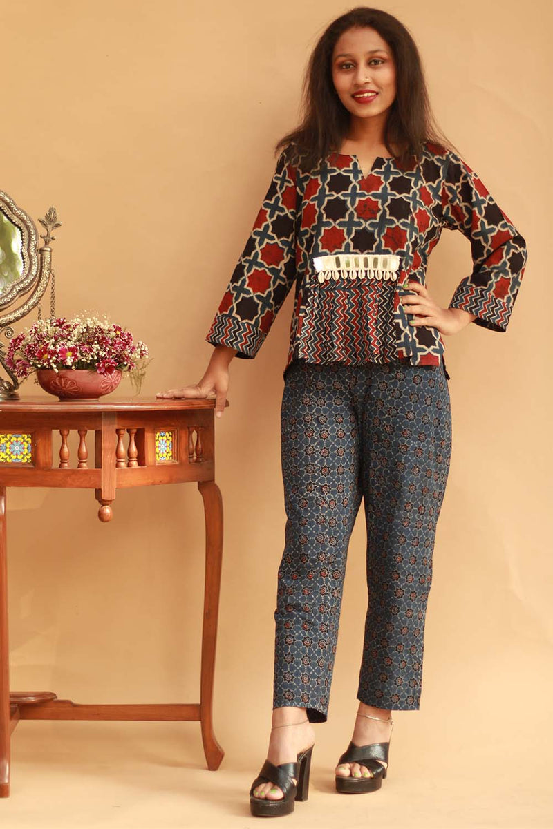 Cotton Co-Ord Set in  Indigo Ajrakh Trellis