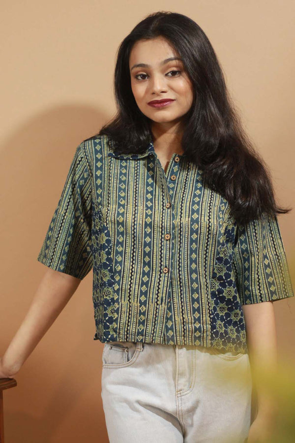 Lime-Blue Ajrakh Cropped Shirt