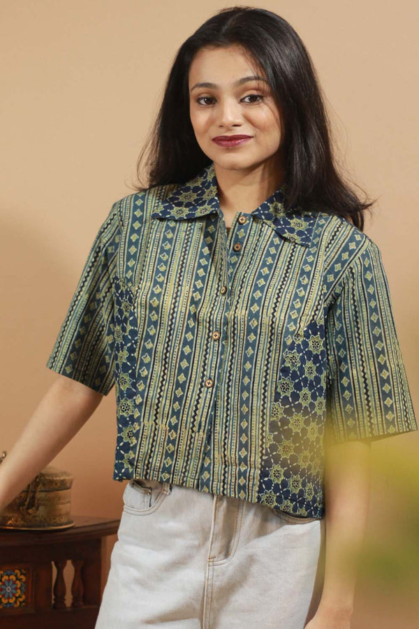 Lime-Blue Ajrakh Cropped Shirt