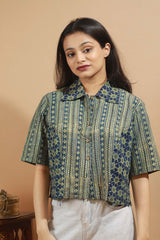 Lime-Blue Ajrakh Cropped Shirt