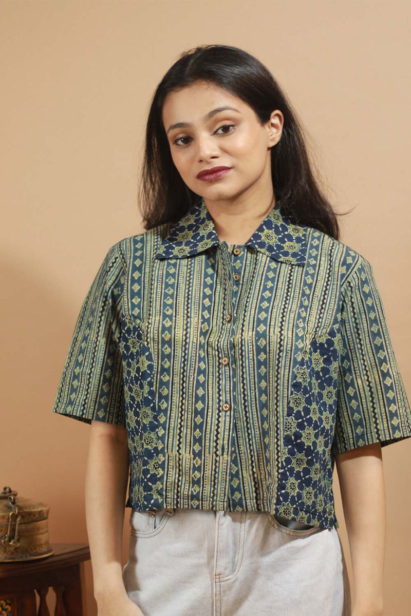 Lime-Blue Ajrakh Cropped Shirt