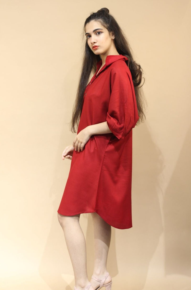 Shirt Dress in Rayon- Scarlet