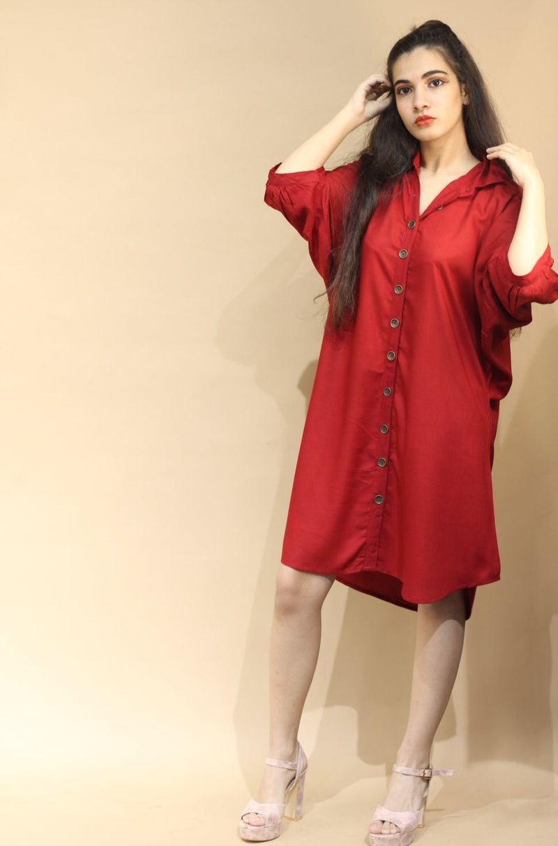Shirt Dress in Rayon- Scarlet