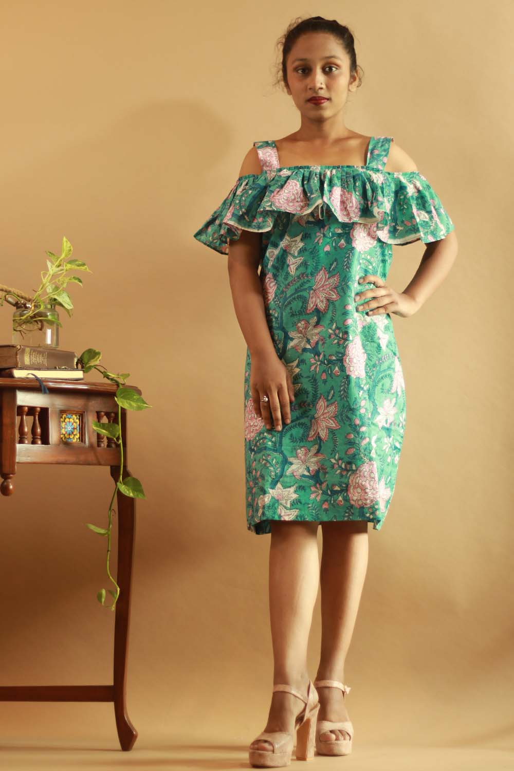 Off-Shoulder Short Dress in Sea Green Sanganeri