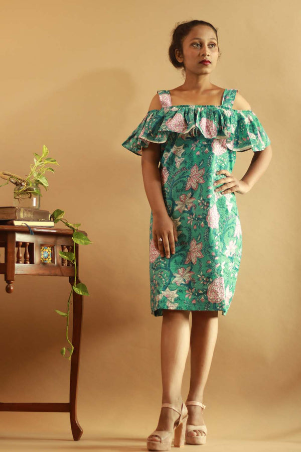 Off-Shoulder Short Dress in Sea Green Sanganeri