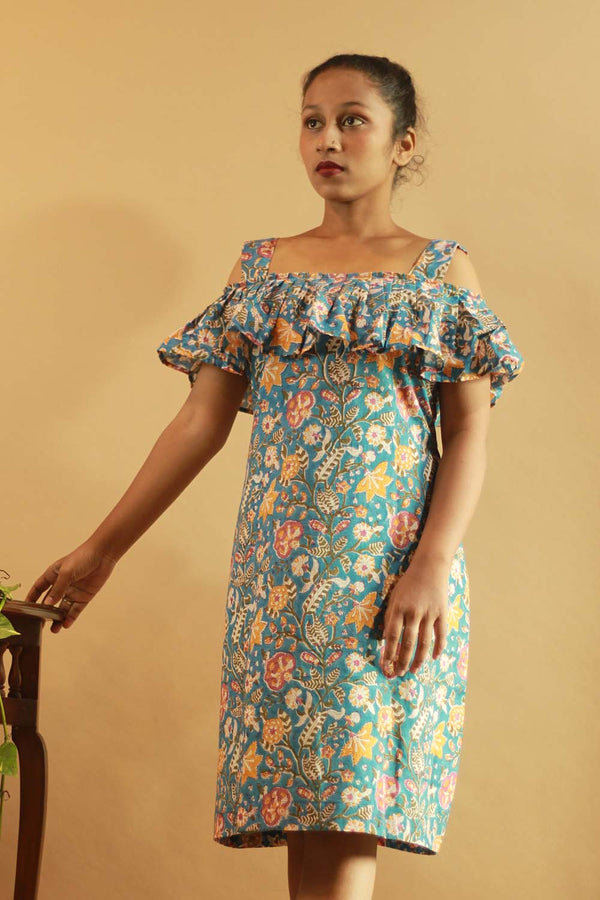 Off-Shoulder Short Dress in Sea Blue Sanganeri