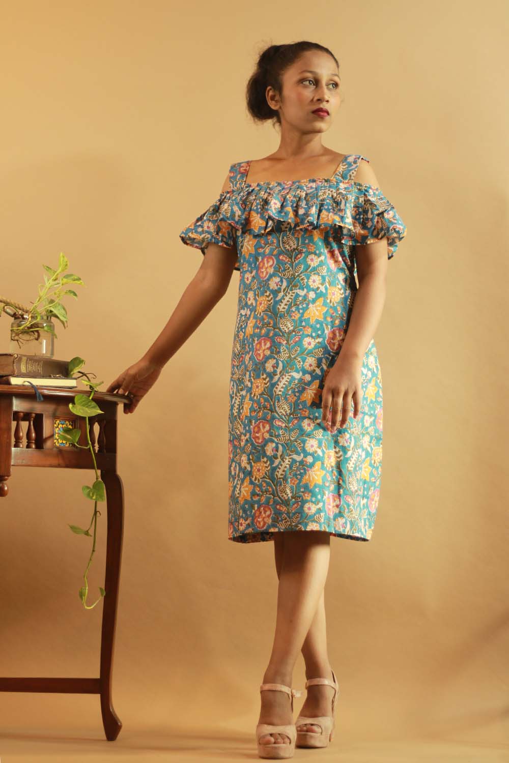 Off-Shoulder Short Dress in Sea Blue Sanganeri