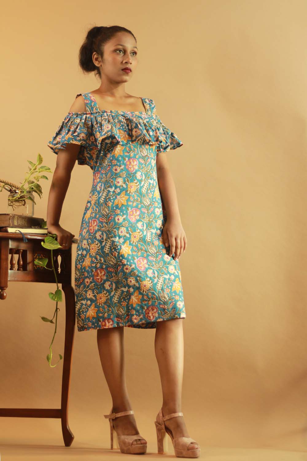 Off-Shoulder Short Dress in Sea Blue Sanganeri