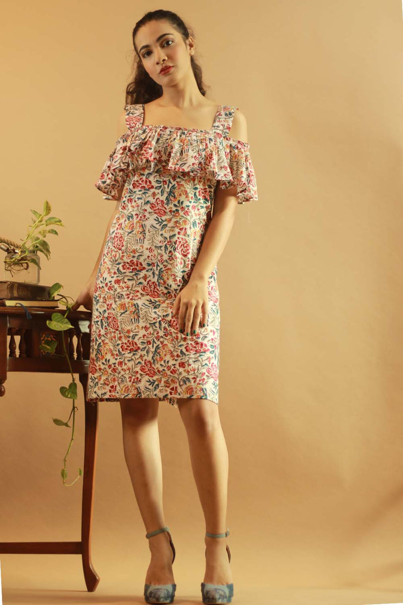 Off-Shoulder Short Dress in Floral Sanganeri