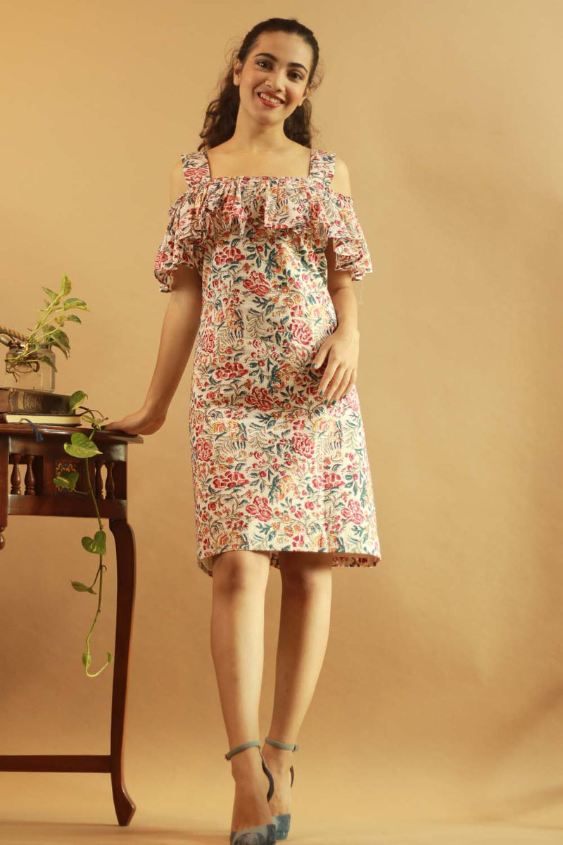 Off-Shoulder Short Dress in Floral Sanganeri