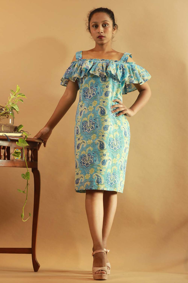 Off-Shoulder Short Dress in Aqua Blue Sanganeri