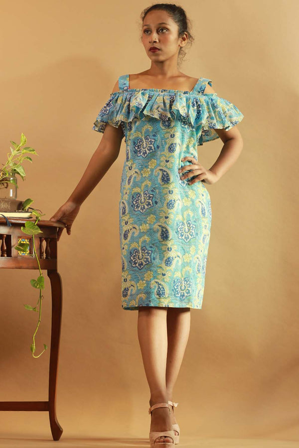 Off-Shoulder Short Dress in Aqua Blue Sanganeri