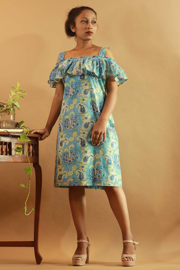 Off-Shoulder Short Dress in Aqua Blue Sanganeri