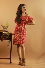 Off-Shoulder Short Dress in Red Sanganeri
