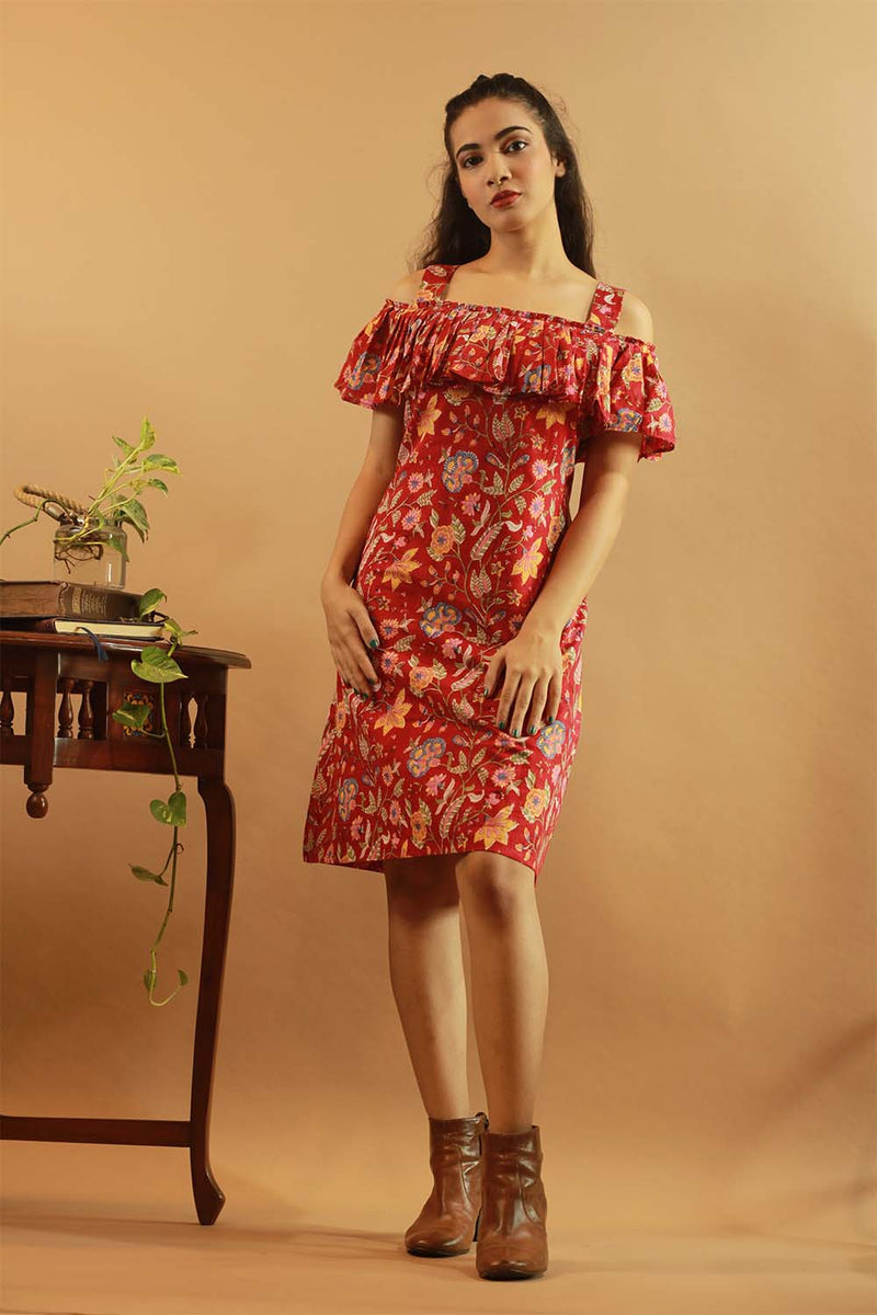 Off-Shoulder Short Dress in Red Sanganeri