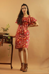 Off-Shoulder Short Dress in Red Sanganeri