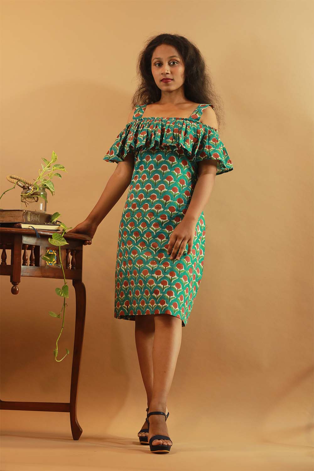 Off-Shoulder Short Dress in Teal Sanganeri