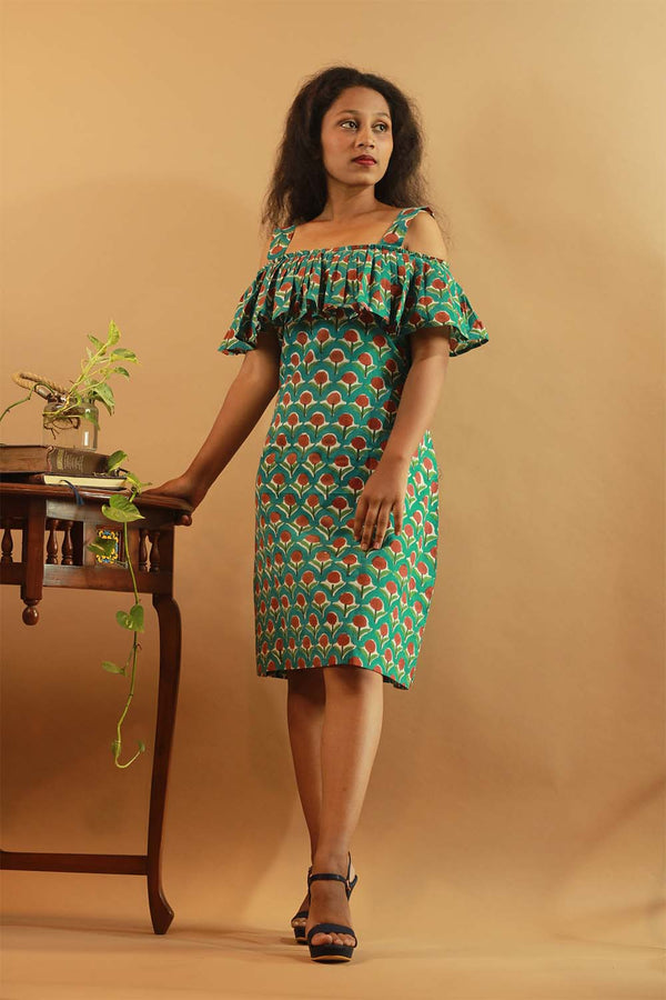 Off-Shoulder Short Dress in Teal Sanganeri