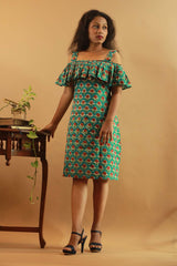 Off-Shoulder Short Dress in Teal Sanganeri