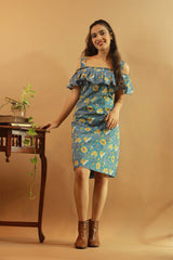 Off-Shoulder Short Dress in Blue Sanganeri