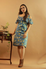 Off-Shoulder Short Dress in Blue Sanganeri