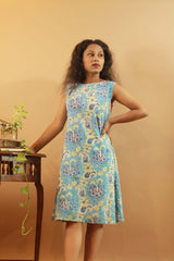 Easy Shift Dress In Cyan Sanganeri