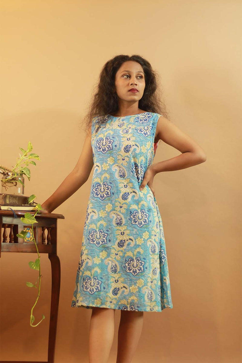 Easy Shift Dress In Cyan Sanganeri