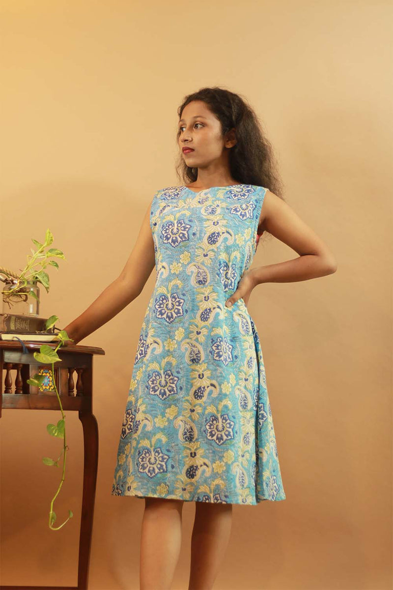 Easy Shift Dress In Cyan Sanganeri