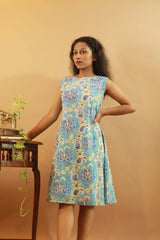 Easy Shift Dress In Cyan Sanganeri