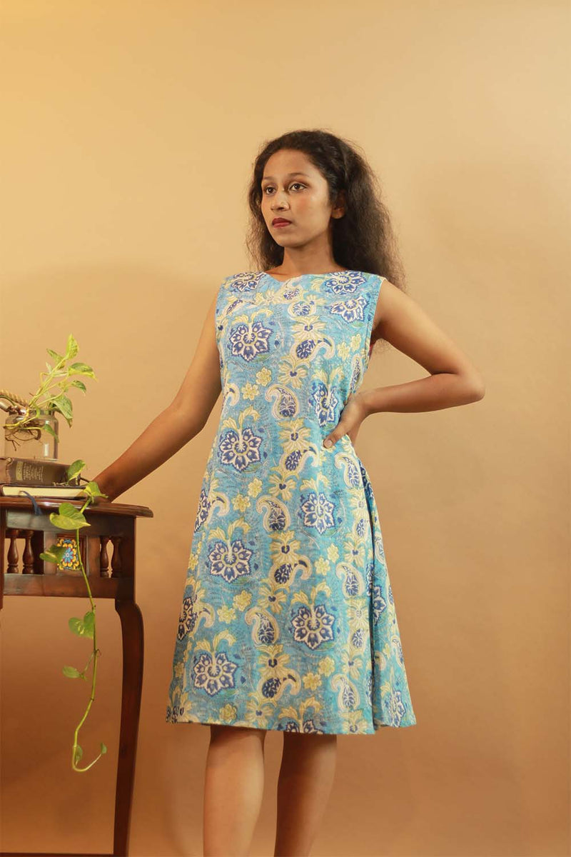 Easy Shift Dress In Cyan Sanganeri