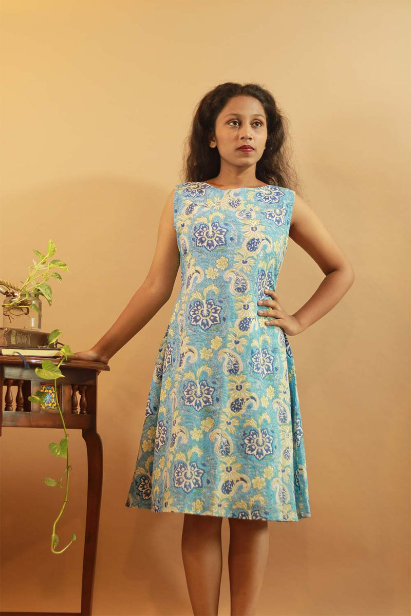 Easy Shift Dress In Cyan Sanganeri