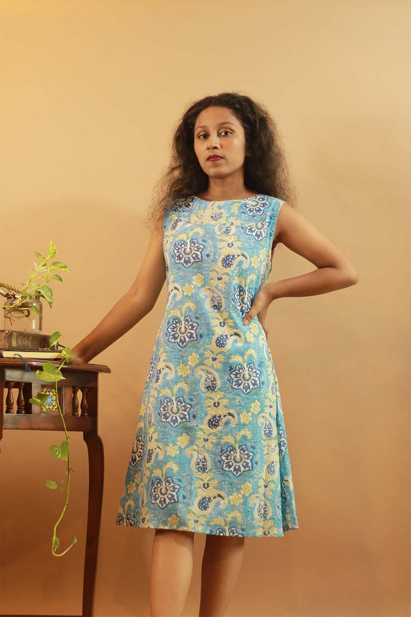 Easy Shift Dress In Cyan Sanganeri