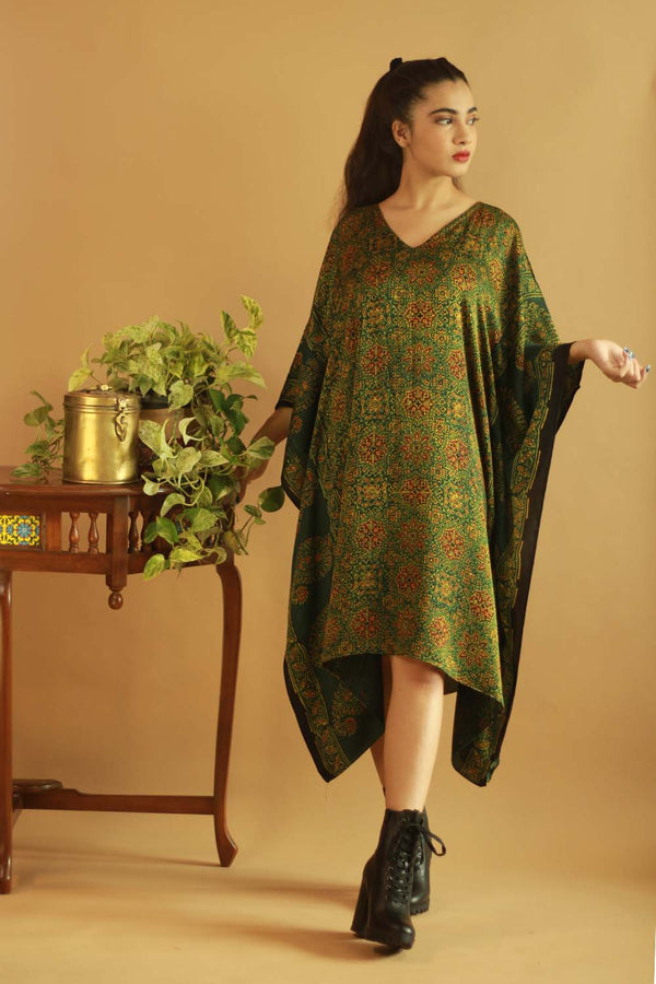 Ajrakh Modal Kaftan Dress - Emerald Chakra