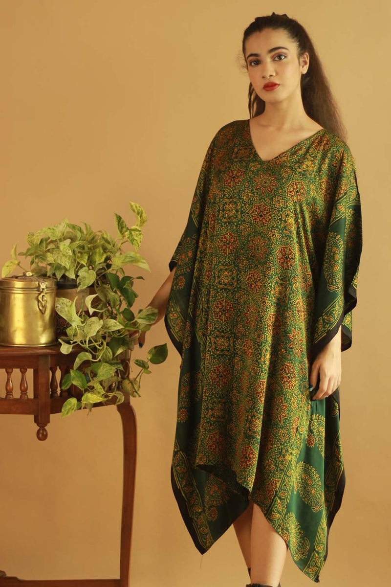 Ajrakh Modal Kaftan Dress - Emerald Chakra
